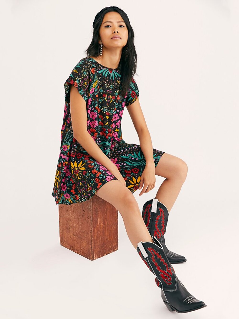 Free People Strawberry Fields Mini Dress in Black Combo - sz XS